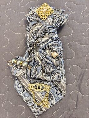 Elegant Blue Paisley Hair Scarf with Gold and Pearl Accents